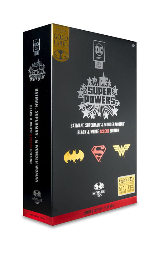 DC Direct Super Powers Action Figures Batman, Superman & Wonder Woman Black & White Accent Edition Gold Label 13 cm