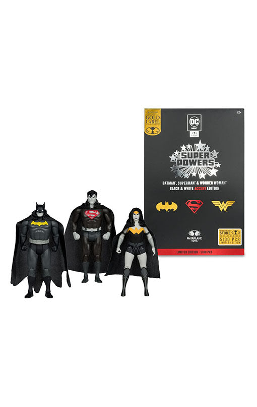 DC Direct Super Powers Action Figures Batman, Superman & Wonder Woman Black & White Accent Edition Gold Label 13 cm